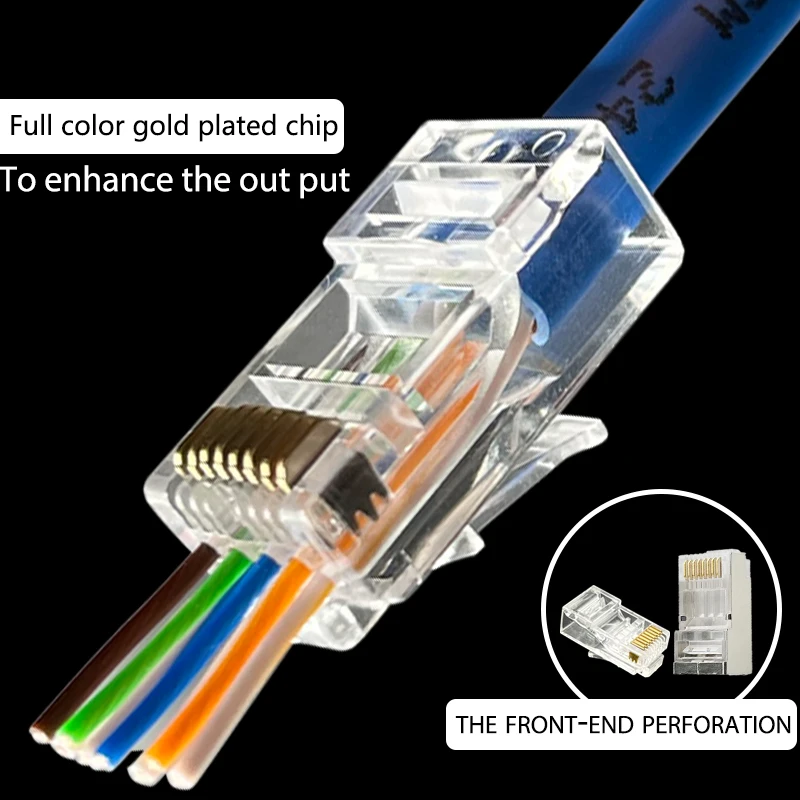 COMNEN Cat6/6A Rj45 złącze przejściowe wtyczka modułowa sieci komputerowej UTP/FTP pozłacane 1.2/1.1mm kabel Ethernet z otworem