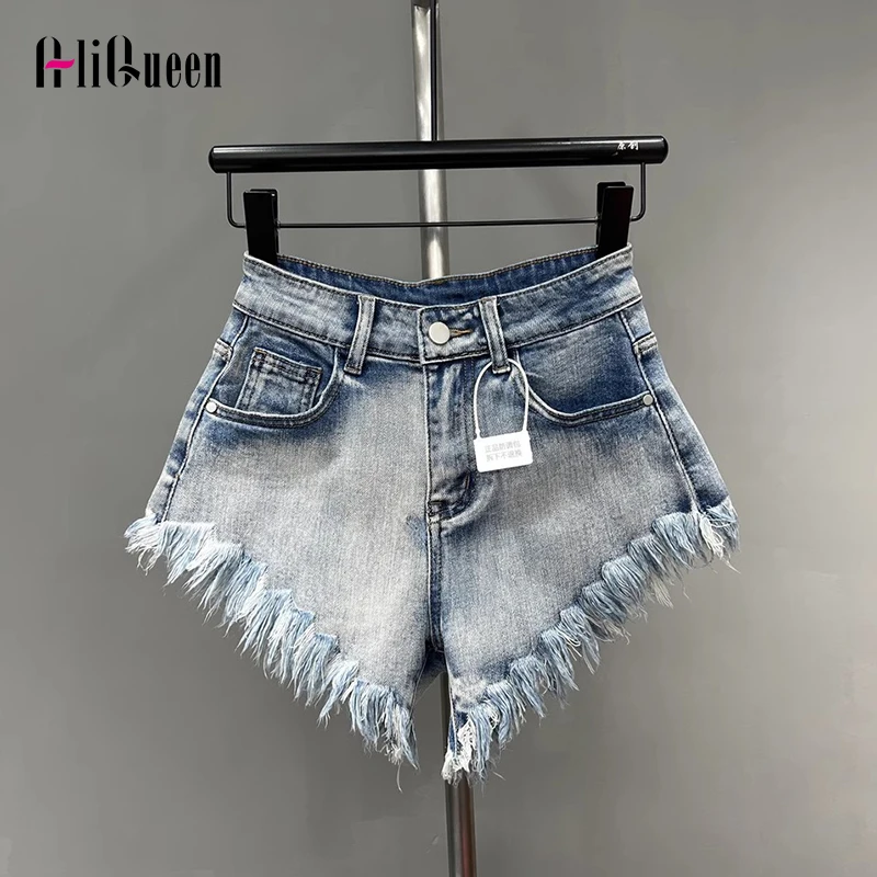 

Summer Women Black Wide Leg Tasssel Jeans Shorts Female Vintage Casual High Waist Straight Short Cotton Denim Pants Streetwear
