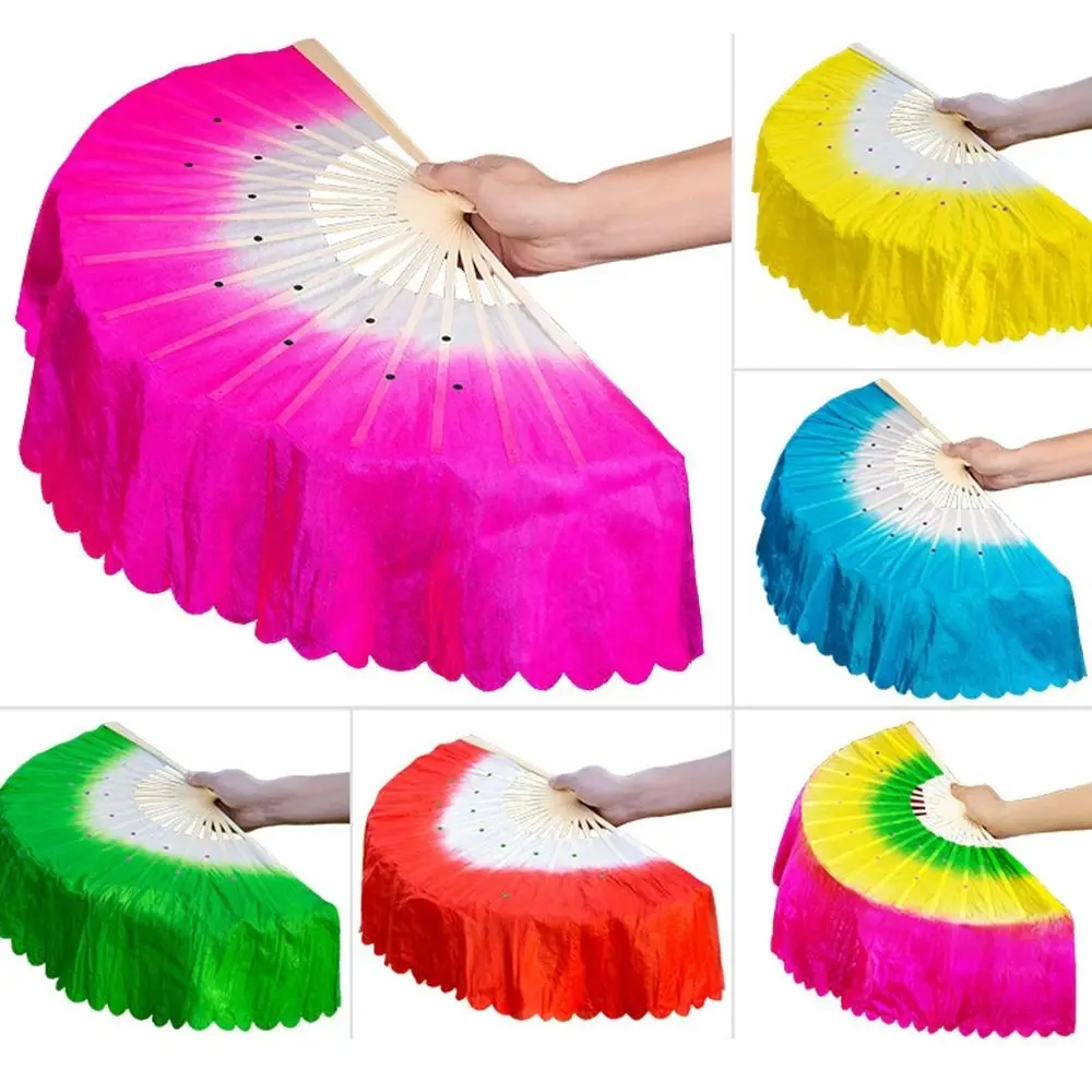 Chinese Silk Fans Short Bellydance Fan 30cm Bamboo+10cm Half Circle Silk Veil Pairs Yangko Dance Bamboo Fans Hand Dye Adults