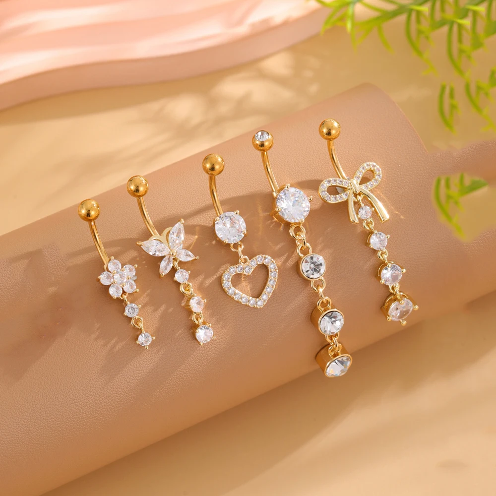 5pcs Dangled Belly Button Rings Butterfly Heart Set