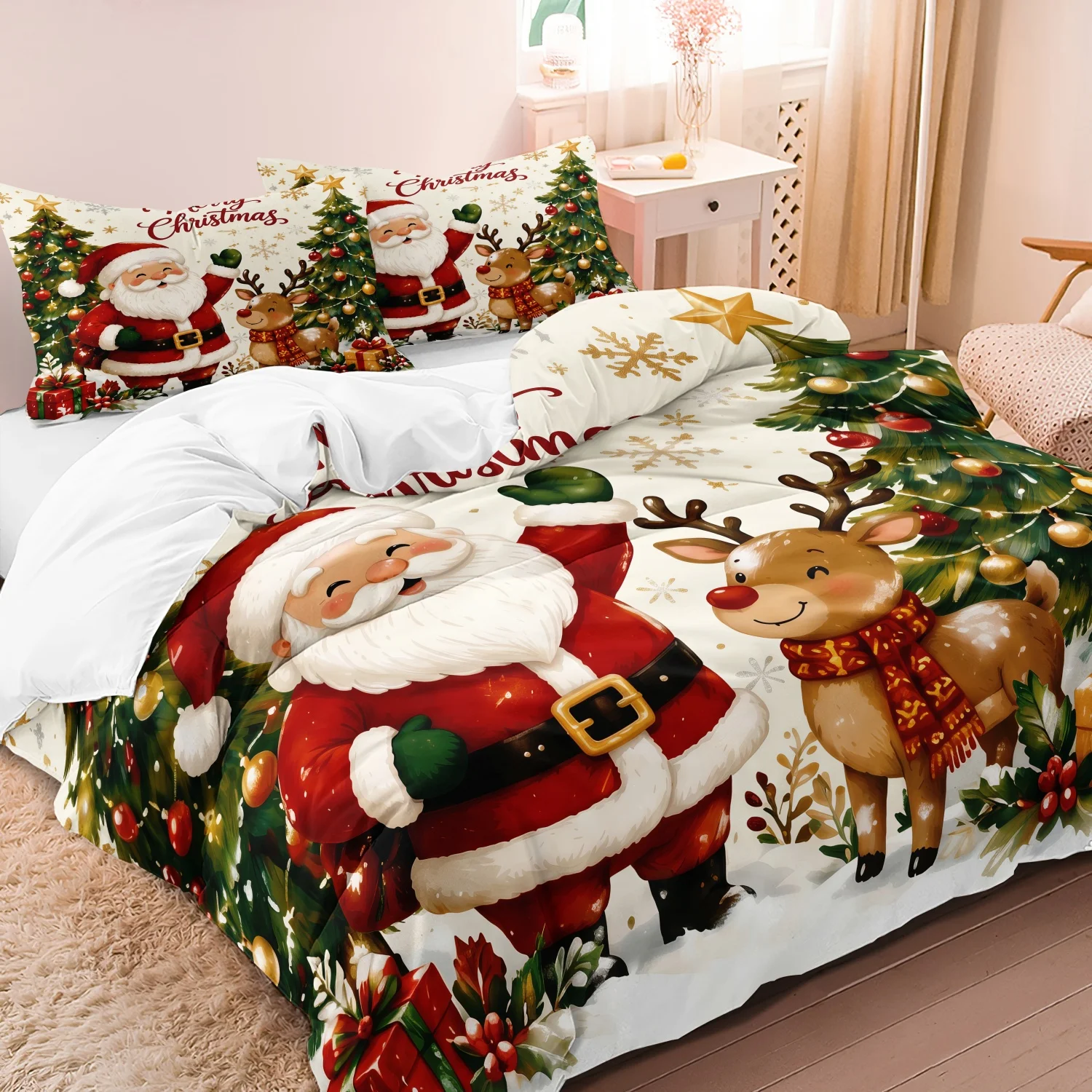 3-teiliges Bettwäscheset mit süßem Weihnachtsmann-Rentier-Weihnachtsdruck, fröhlicher Weihnachtsbaum-Geschenk-Winterdruck-Bettwäsche, in mehreren Größen erhältlich
