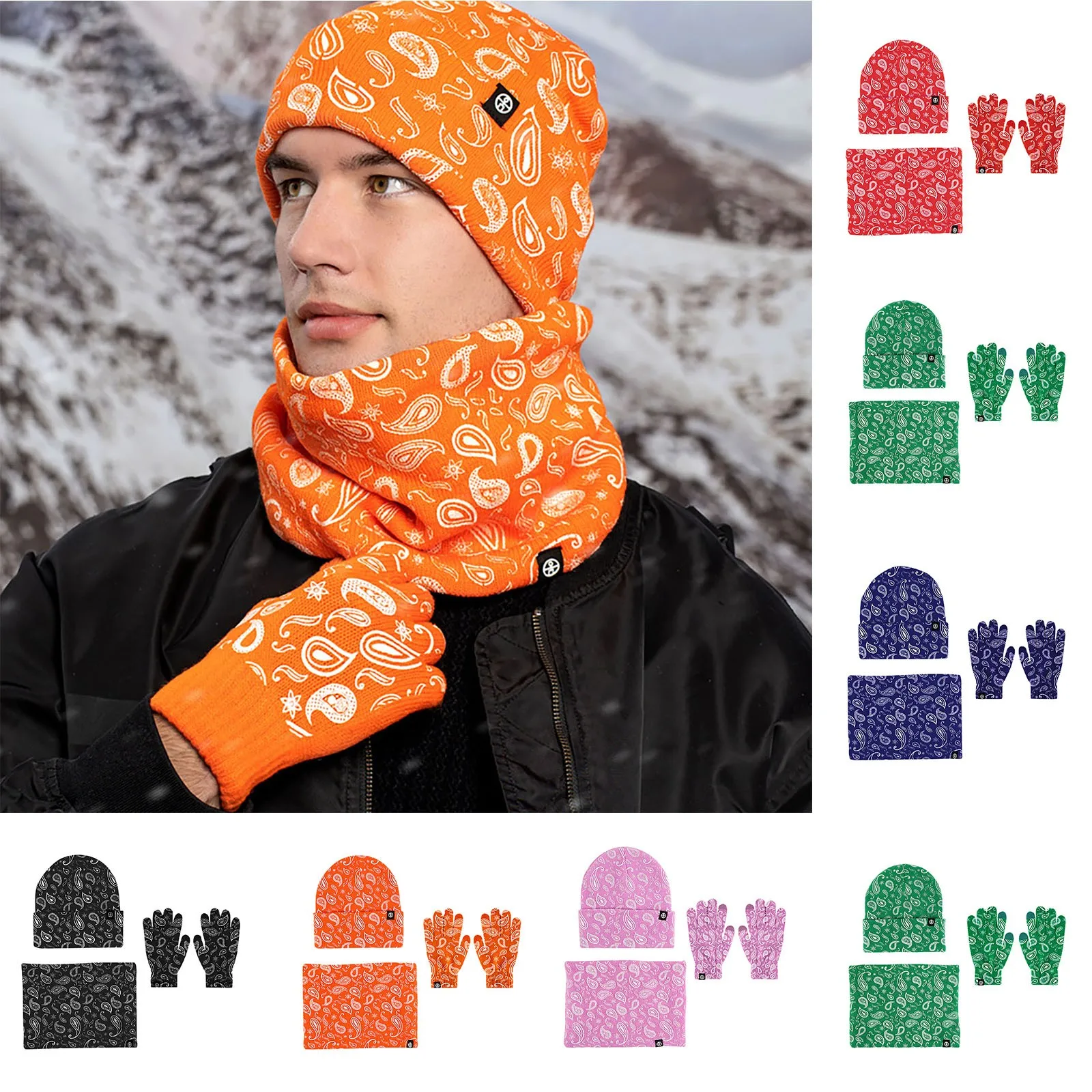 

Versatile Beanie Hat Ultra-thick Windproof Winter Beanie Hat Scarf Gloves Set Soft Knitted Outdoor Print Neck Warm Elastic Set