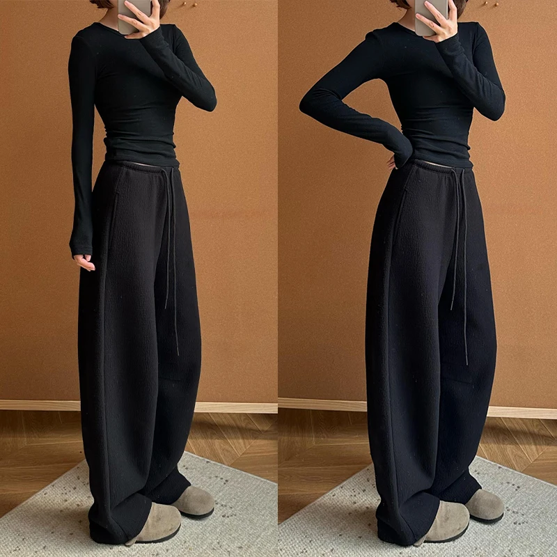 

Женские утепленные широкие брюки на флисе для осени и зимы, свободные, в стиле BF, повседневные спортивные брюки с низкой талией и карманами, в стиле кэжуал.