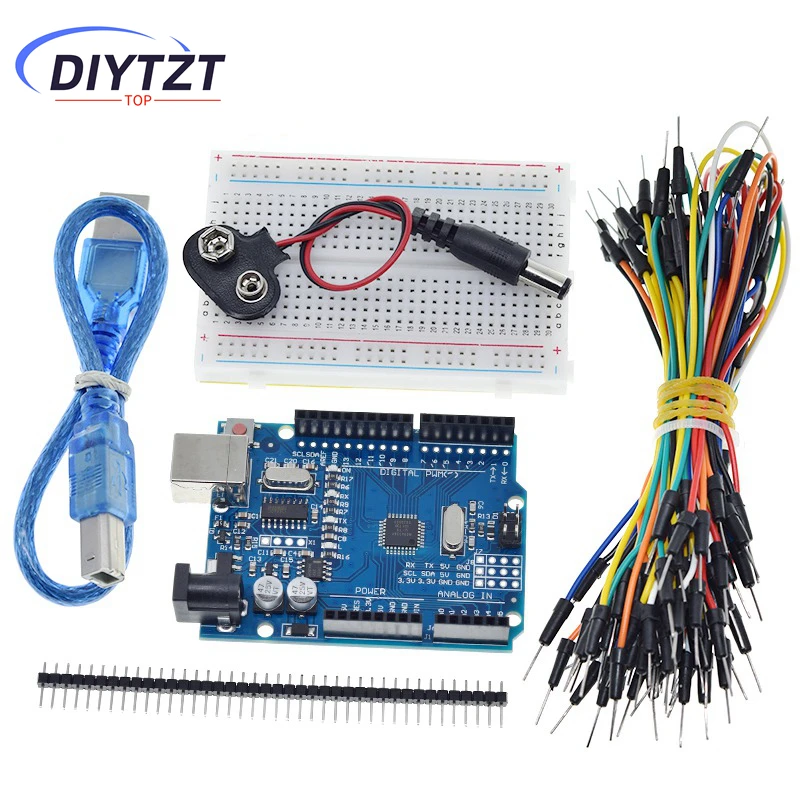 

Стартовый комплект для Arduino UnoR3 — комплект из 5 предметов: UnoR3, макетная плата, перемычки, USB-кабель и разъем для батареи 9 В для своими руками