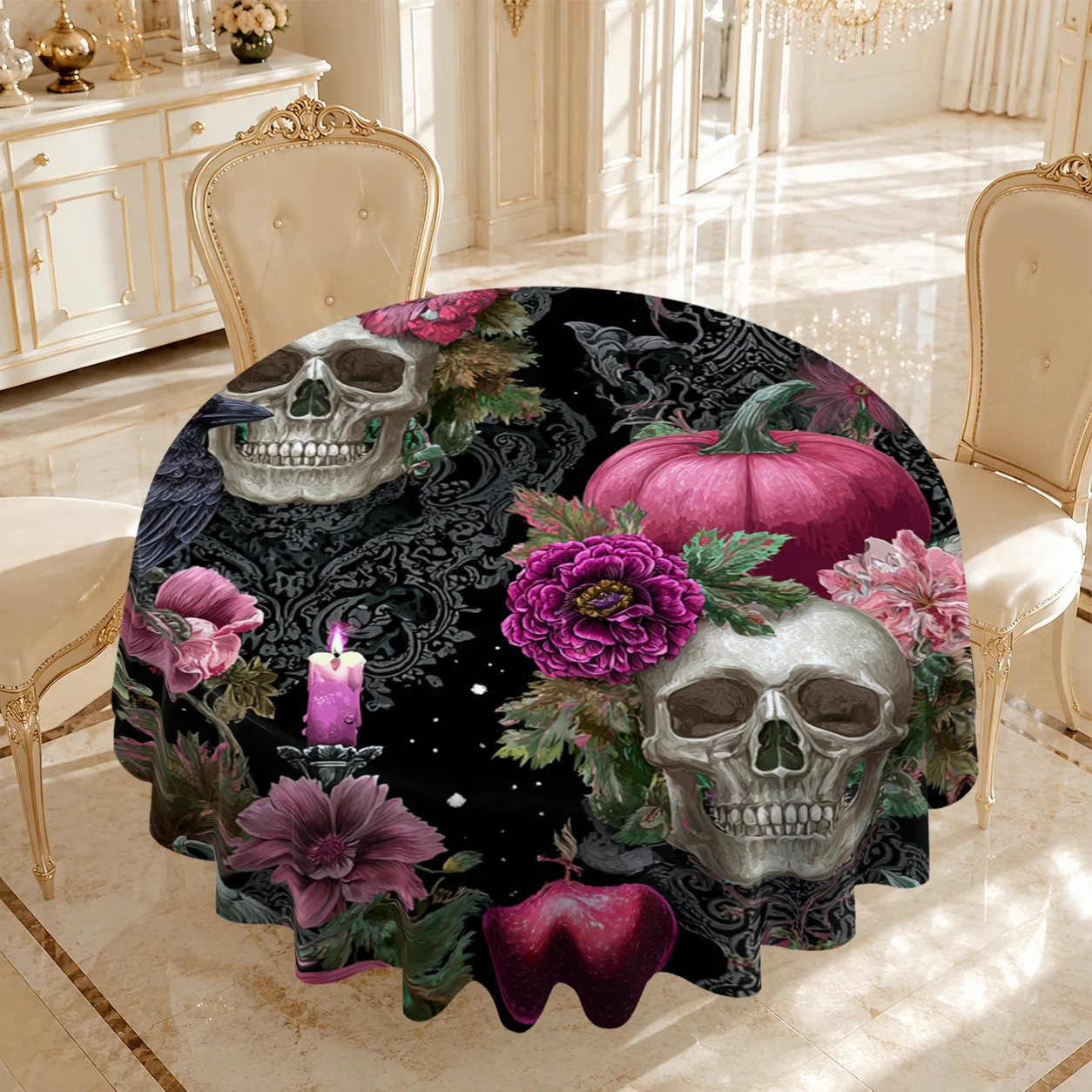 1pc Round Tablecloth with 2D Printed Pattern of Skulls, Crows, Pumpkins, Flowers, and Candles 60inch Suitable for Home
