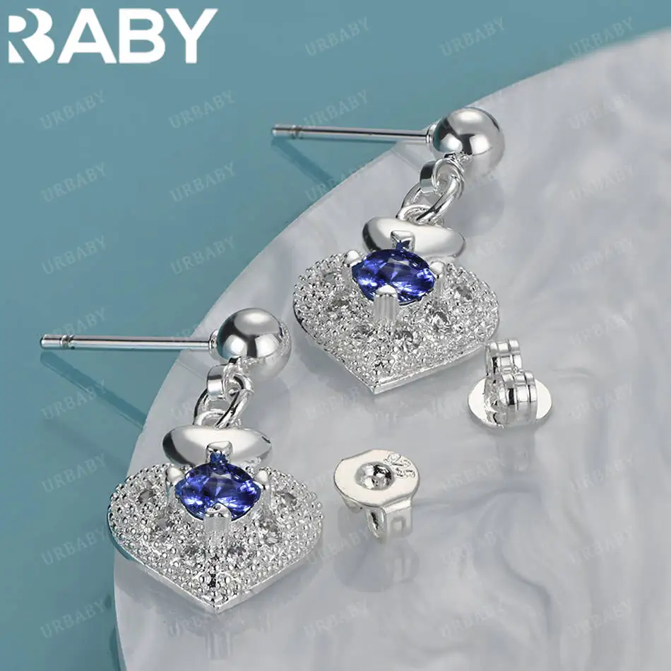 

URBABY 925 Sterling Silver Blue Zircon Love Heart Stud Earrings For Women Fashion Jewelry Charm Grace Wedding Accessories