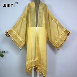 Stroje kąpielowe WINYI monochromatyczne z frędzlami ozdobiony paciorkami damski płaszcz plażowy luźna sukienka impreza Boho Maxi wakacje futerał do pływania up Kimono