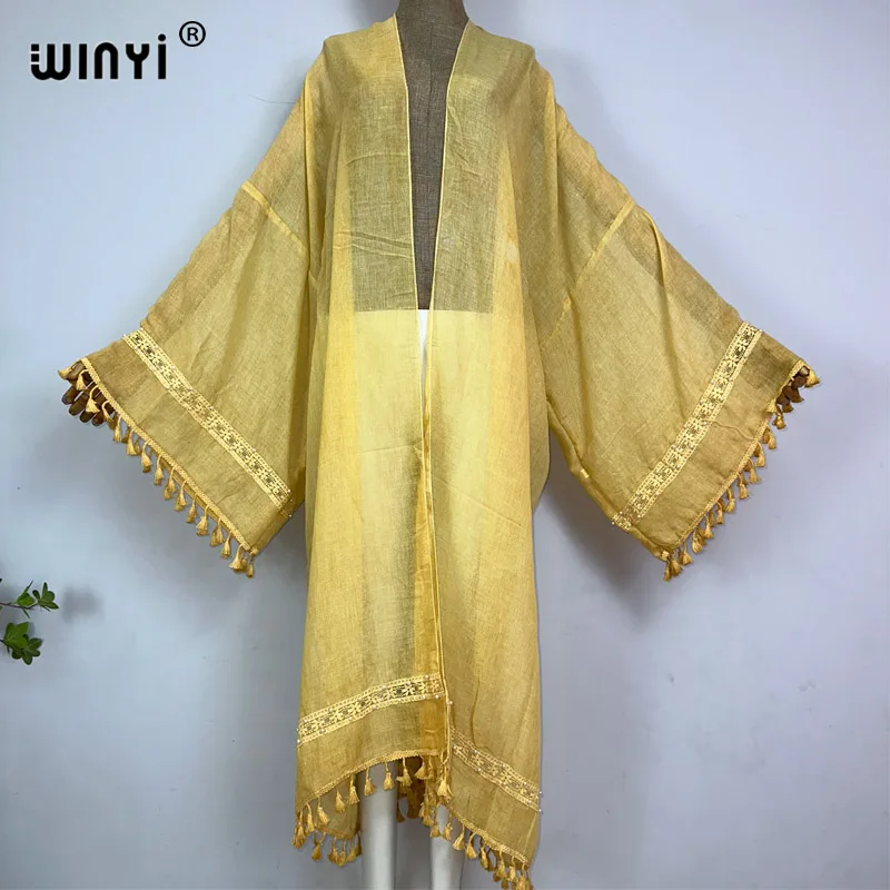 WINYI swimwear Monochrome fringed beaded women beach coat Loose Dress Party Boho Maxi Holiday Swimming Cover ups Kimono