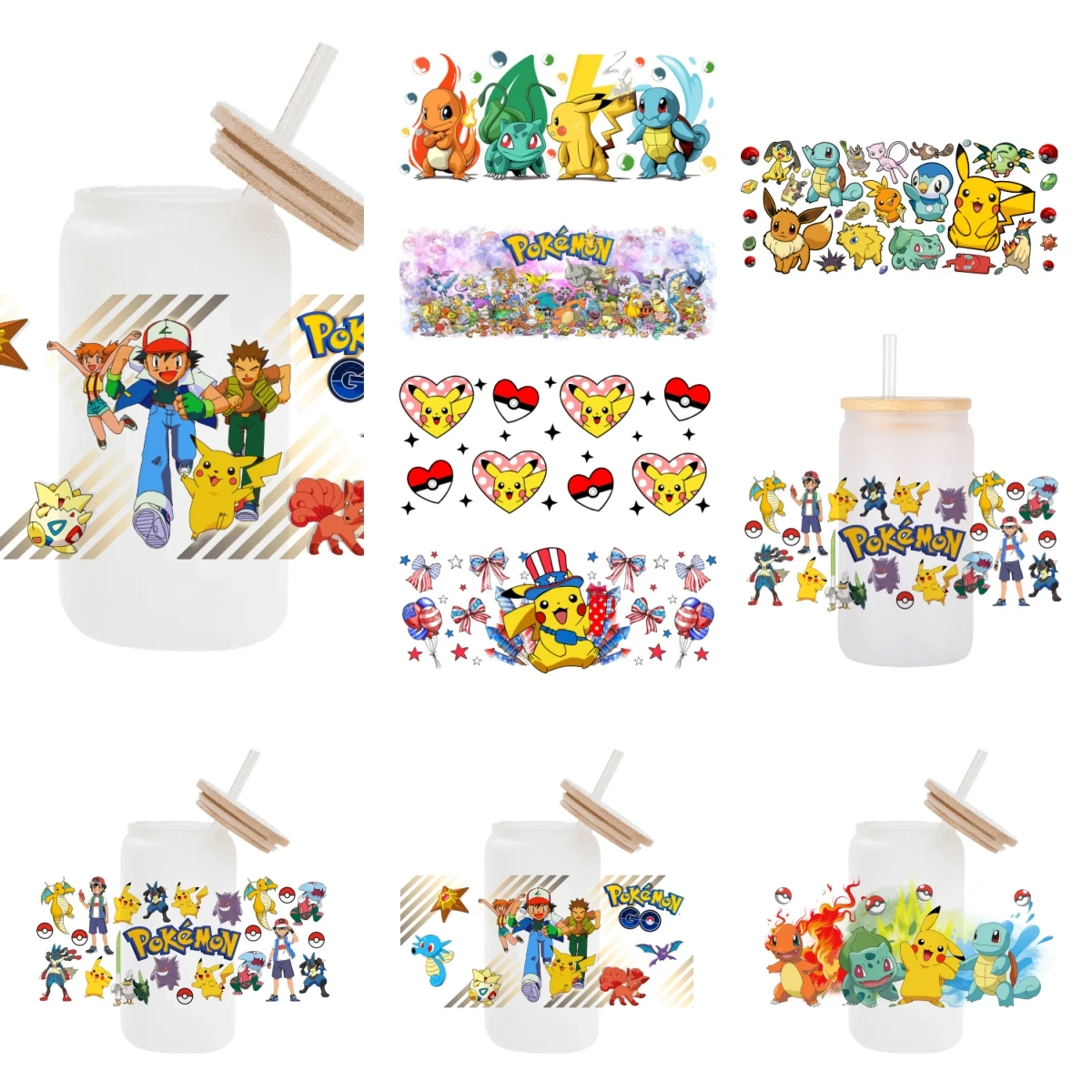 11x24cm 16oz pegatina Pokemon Pikachu amigos diseño japonés UV DTF pegatina impresa para taza de vidrio lata impermeable