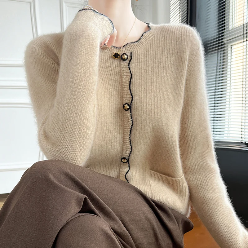 Модный женский 100% меринос, новый воротник с рюшами и пуговицами, вязаный искусственный кардиган, свитер, пуловер с длинными рукавами, кашемировая мягкая одежда, топ