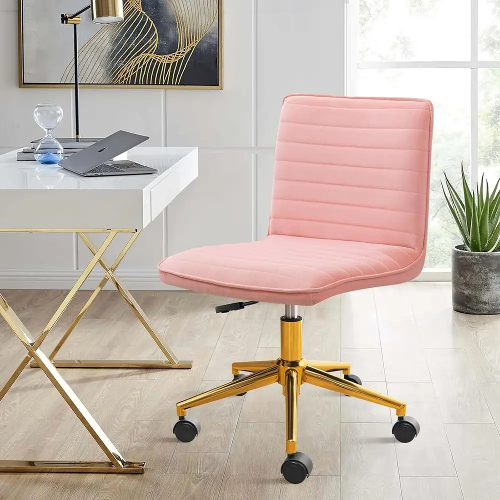 Vanity Chair with Wheels, Computer Rolling Desk Chair with Back, Pink Office Chair with Height Adjustable Soft Velvet and Gold M