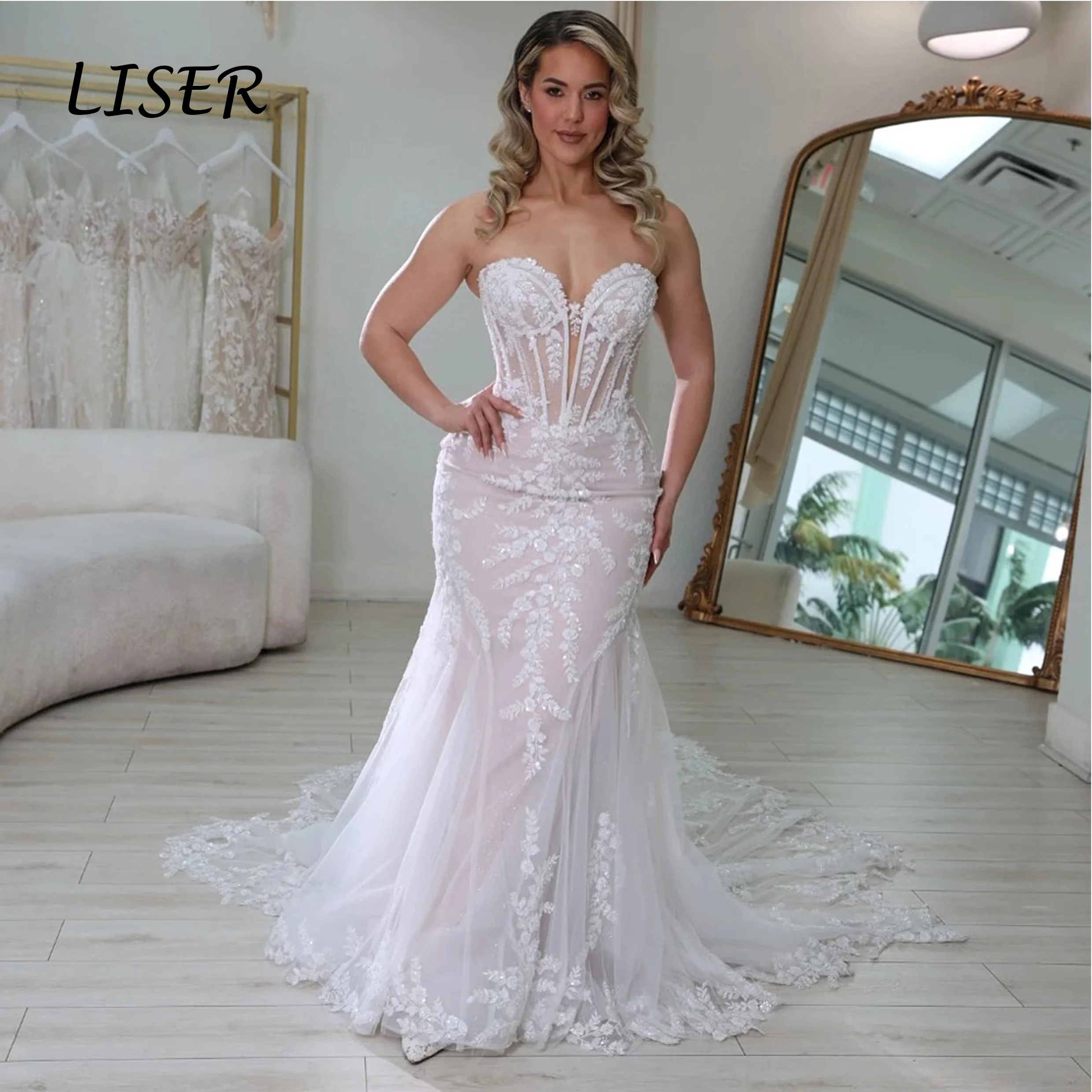 Liser Exquisite Trumpet Wedding Dresses Sleeveless Lace Appliques Trumpet Tulle Court Train Vestidos De Novia A-line Customised