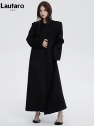 Lautaro Autumn Winter Long Loose Casual Black Warm Soft Woolen Coat Women Stylish Luxury Designer Ouerwear Korean Fashion 2023