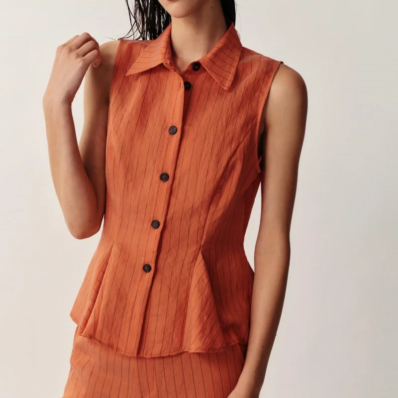 Summer 2026 New Women's Design Sleeveless Turn-down Collar Stripe Nine-point  Skirt Vest Top Fashionable Casual Wear