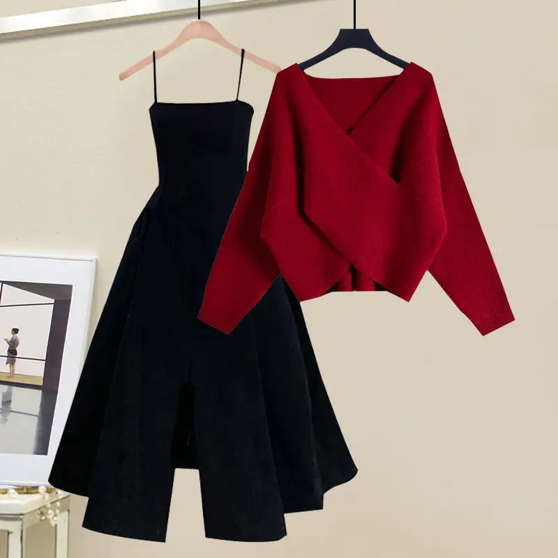 Spring and Autumn Season Set Women\'s 2024 New Korean Red Sweater Temperament Dress Two Piece Set