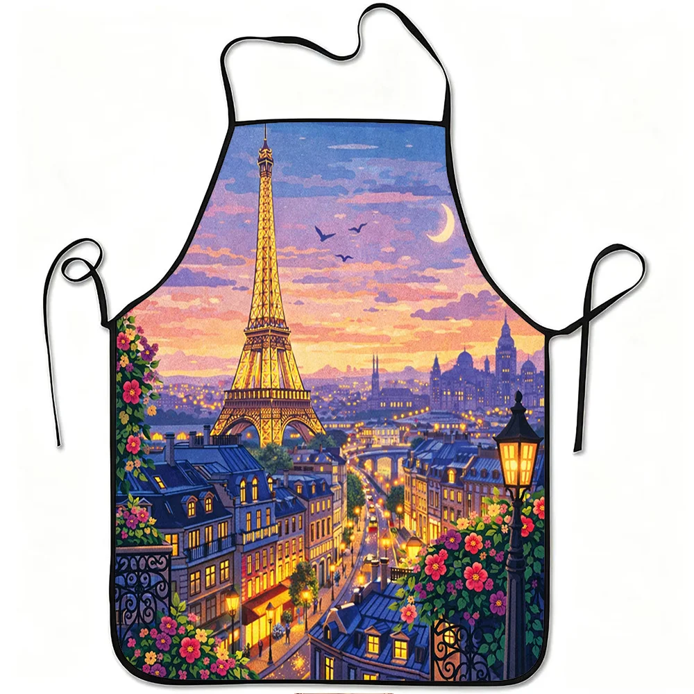 Paris Eiffel Tower Apron, Romantic Cityscape Sunset Kitchen Bib, Rose Flower Art Gift for Women Mom Cooking Baking Home Decor
