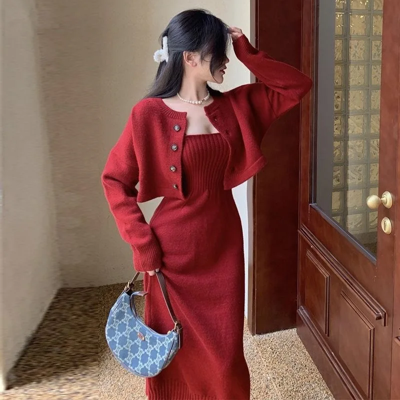 All-matching Sets for Autumn Winter Solid Color Two-piece Casual Dress  New Knit Long Sleeve Coats Women's Clothing T760