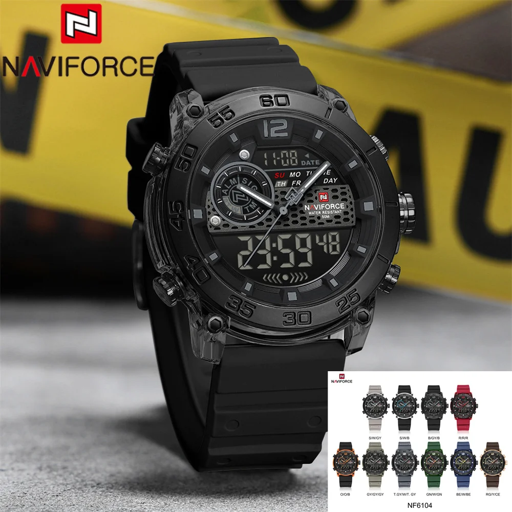 NAVIFORCE NF6104 Jam Tangan Pria Quartz Mewah Digital Jam Pria Militer Kronograf Olahraga Asli Tali Karet