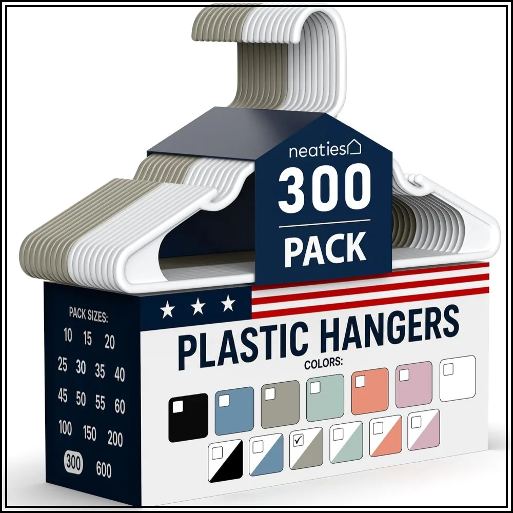 Plastic Hangers 300 Pack, 6lb Capacity, Standard with Notches, Reinforced Edges, White & Gray