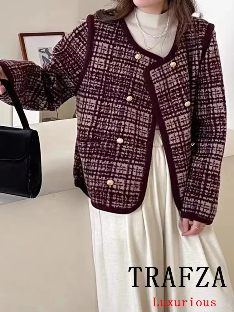 TRAFZA Vintage Chic Women Sweater Plaid Double Breasted Long Sleeve Knitted Short Cardigans Fashion 2024 Autumn Winter Outwears