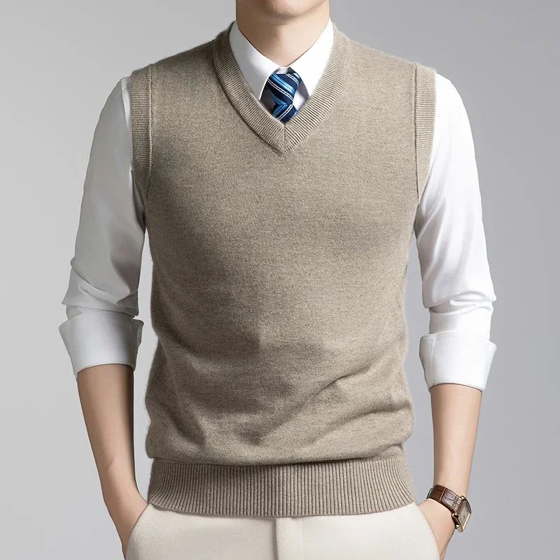 Mens V Neck Solid Knitted Vest Sleeveless Sweater Waistcoat Business Casual Slim Fit Pullover Tank Top Winter Warm Knitwear