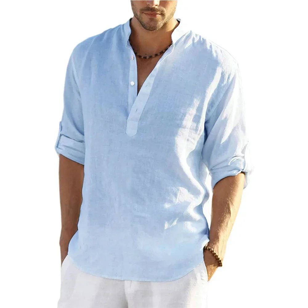 Men's Oversized Long Sleeve Shirt V-Neck Linen Blouse Casual Summer Spring Top 10 Color Options S-5XL
