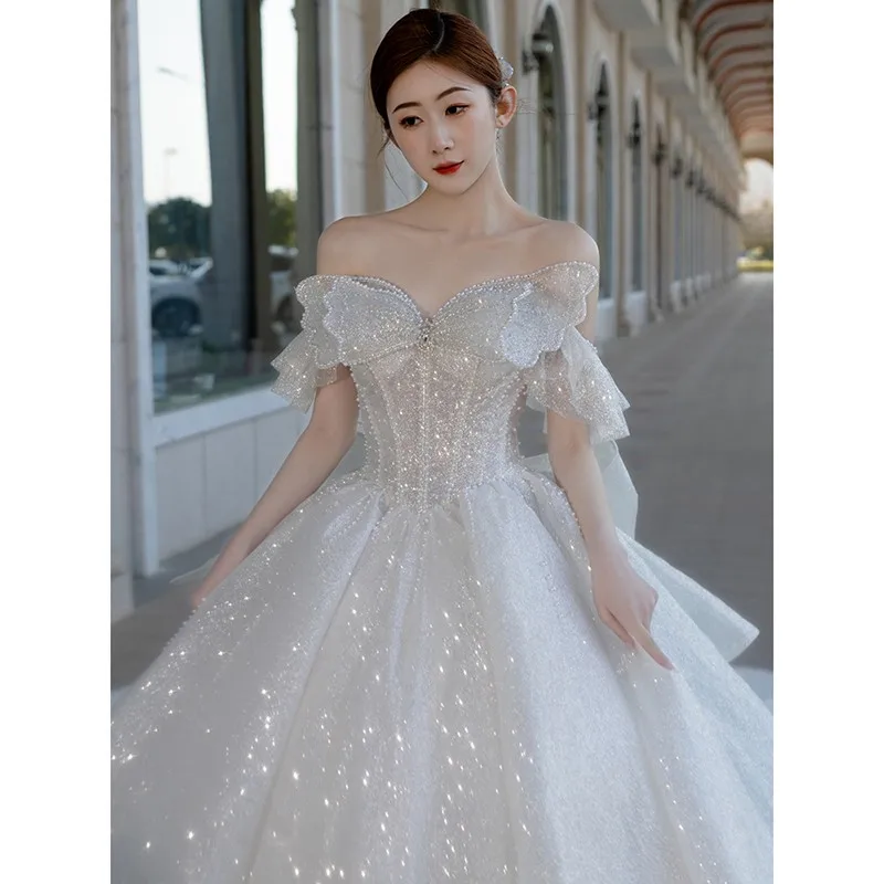 2022 New Wedding Dresses Luxury Beads Vestido De Noiva Elegant Boat Neck Ball Gown High-end Robe De Mariee Customize