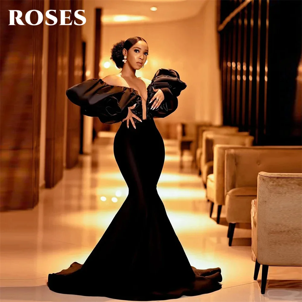 

ROSES Black Evening Dress Sexy V-Neck Trumpet Satin Party Dress Puffy Shoulder Long Length 프롬드레스 Fishtail Sweep Train Prom Dress