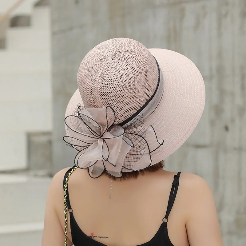 Bucket hat 2022 summer new Organza flower breathable basin hat Sun Protection sunscreen Hat For Women Beach Hat  Flanging cap