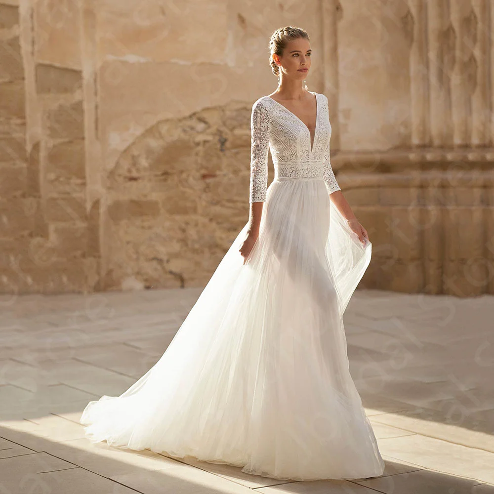 

Customized On Sale Classic Wedding Dresses Lace 2025 Bridal Gowns V Neckline Bride Dresses 3/4 Sleeves Wedding Gowns Summer