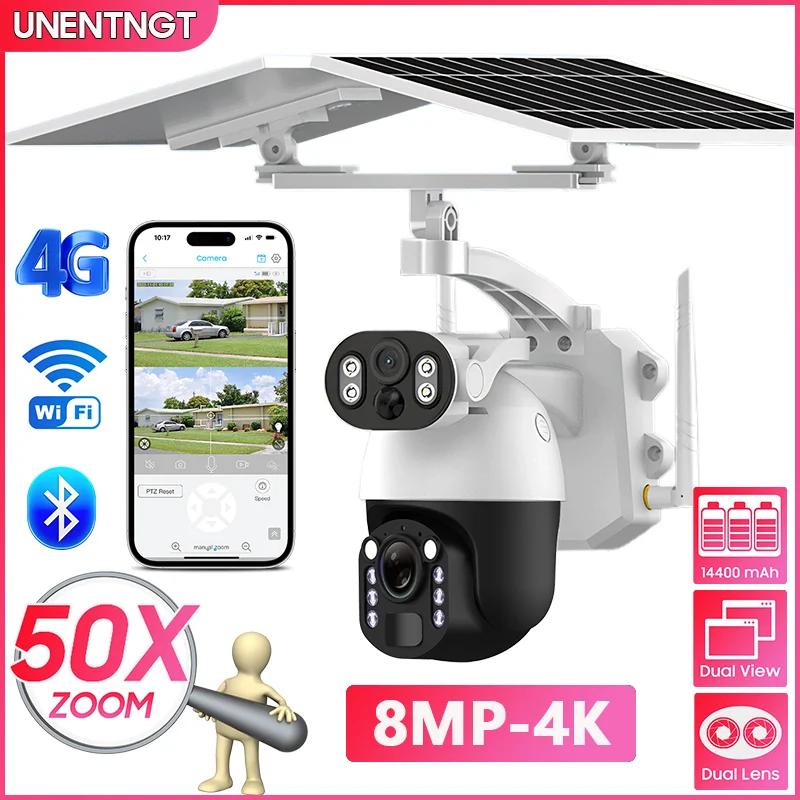 UNENTGT Dual Solar Panels 50x Optical Zoom IP Solar Camera Remote Control PTZ 4G Camera WiFi CCTV Auto Tracking Outdoor Camera