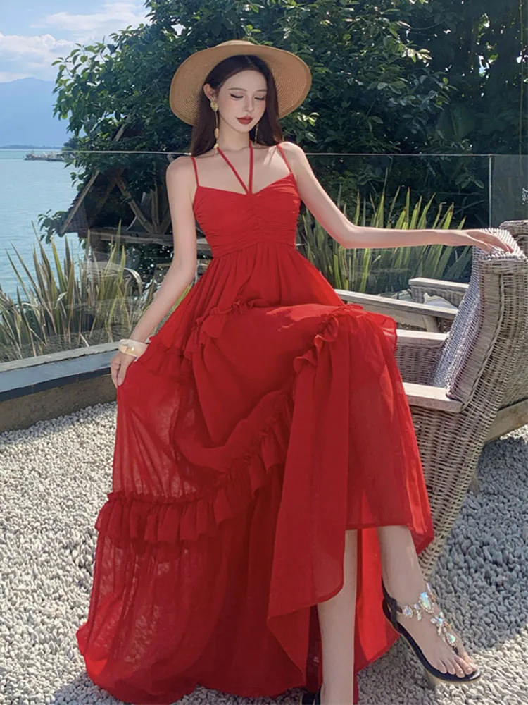 2023 frauen Sommer Sexy Backless Urlaub Strand Party Kleid Elegante Mode Ärmellose Boho Rot Rüschen Chiffon Lange Kleider Robe