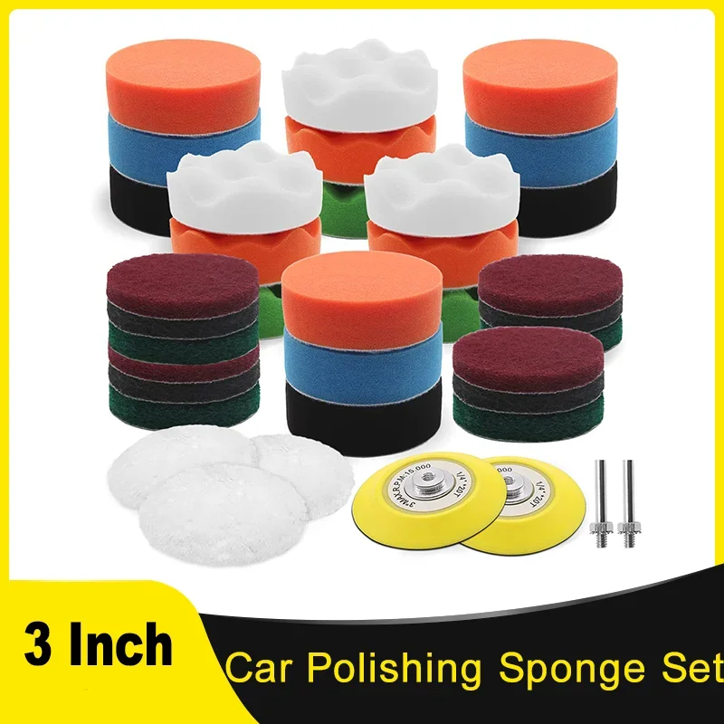 

3 Inch 75MM Car Polishing Sponge Set 11/15/28/35Pcs with Wool Pad and Backing Pad for Eccentric Polishing Machine Grinding