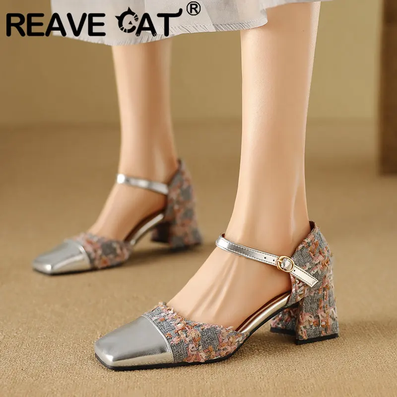 REAVE CAT Spring Women Pumps Mixed Color Toe Block Heels 6cm Buckle Strap Size 47 48 Soft Fashion Dating Shoes