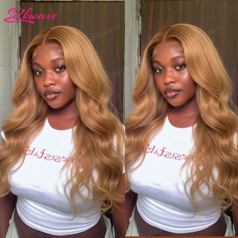 

30-дюймовые волосы Body Wave медово-русого цвета # 27 париков из натуральных волос, плотность 200%, 13x6, с кружевной передней частью, цветные, бразильские, для женщин