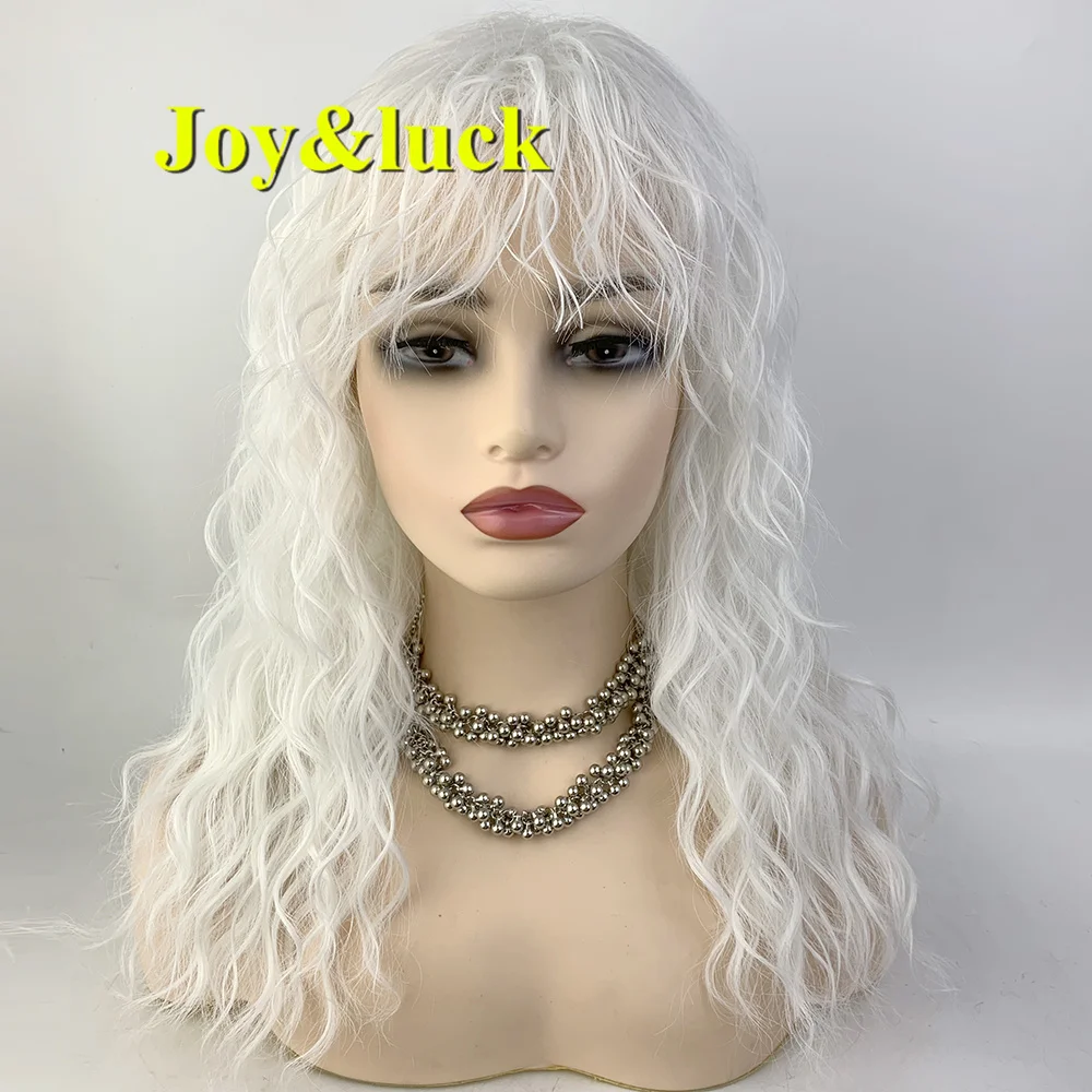 Synthetic White Cosplay Long Curly Wavy Wig With Bangs  Women Good Quality Party Fashion Natural  Hair