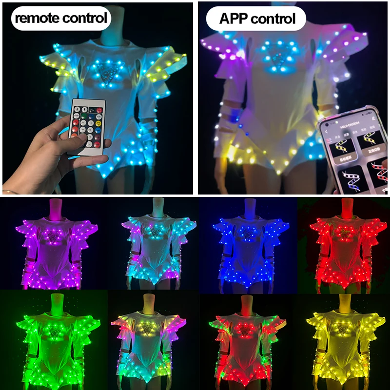 LED Light Up Jumpsuit with Cyberpunk Glasses White Luminous Rave Costume Dance Glowing Dress for women girl bar show props