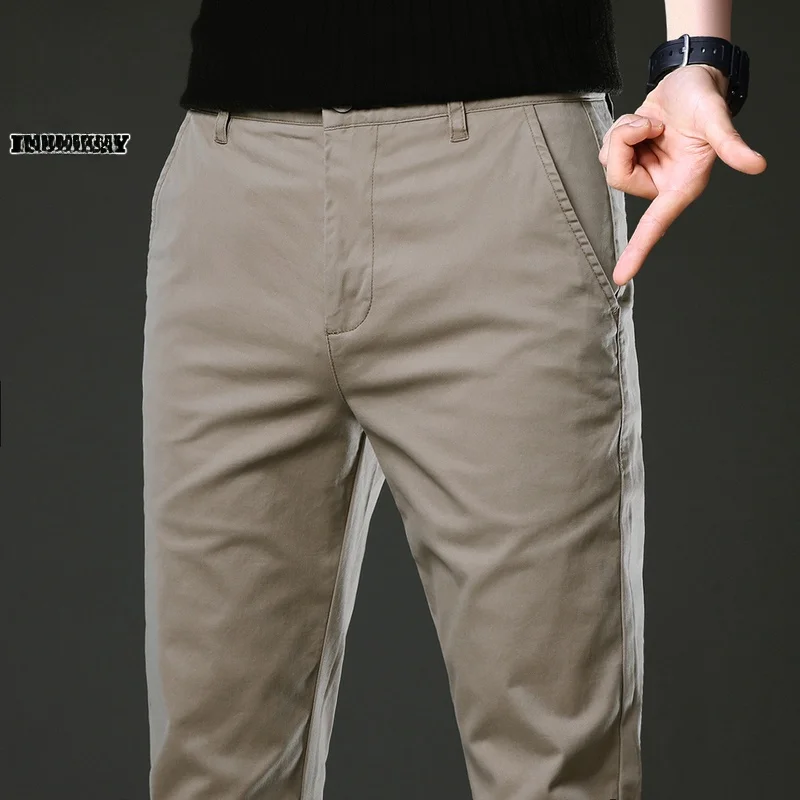 

Мужские повседневные брюки цвета хаки, облегающие, весна 2024, простые, модные, длинные, молодежные, с эластичной талией, из эластичного волокна
