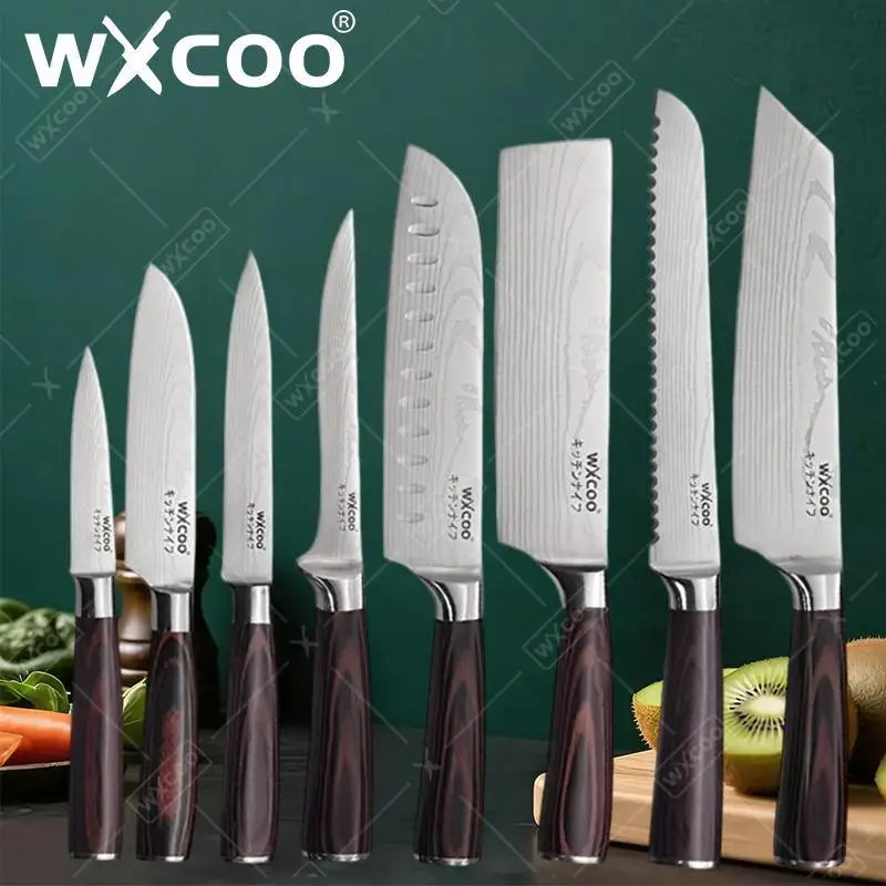 WXCOO Santoku Knife Set Japanese Butcher Carving Bread Fruit Meat Cleaver Boning High Carbon Steel Kitchen Knives