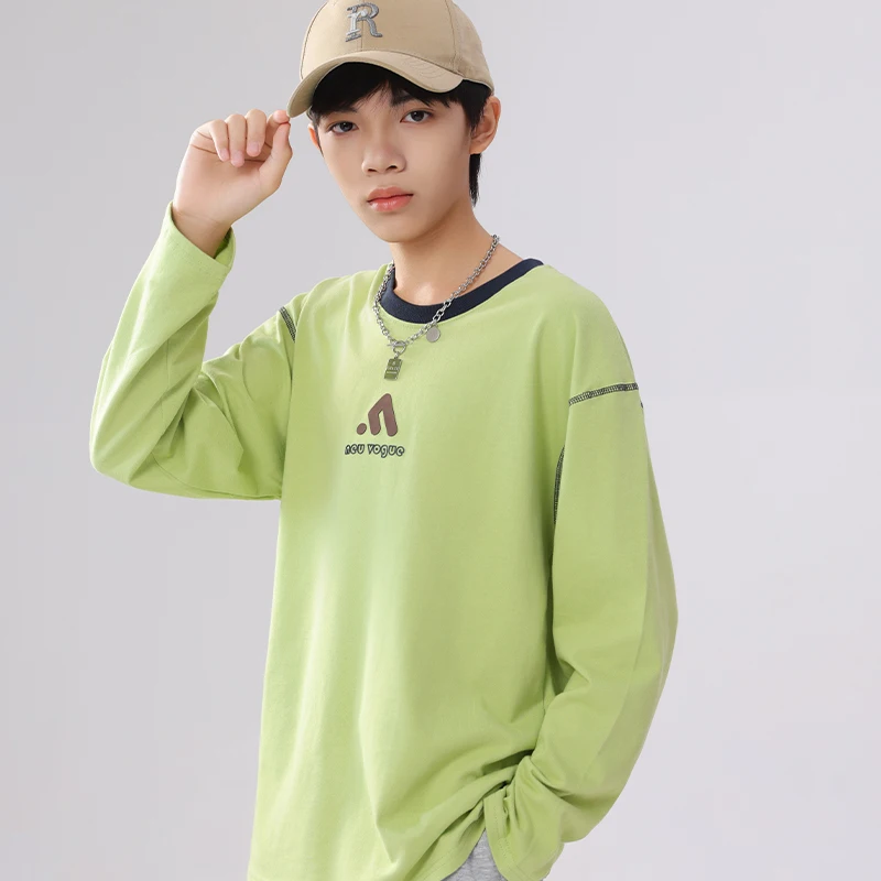 Grünes Baumwoll-Rundhals-Langarmshirt für große Jungen |   Frühling-Herbst-Basisschicht