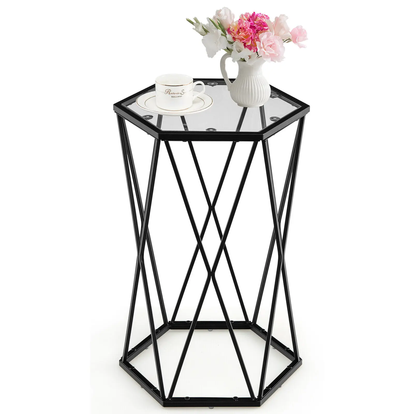 Costway Hexagonal Accent End Table Side Table Tempered Glass Top Metal Frame Living Room