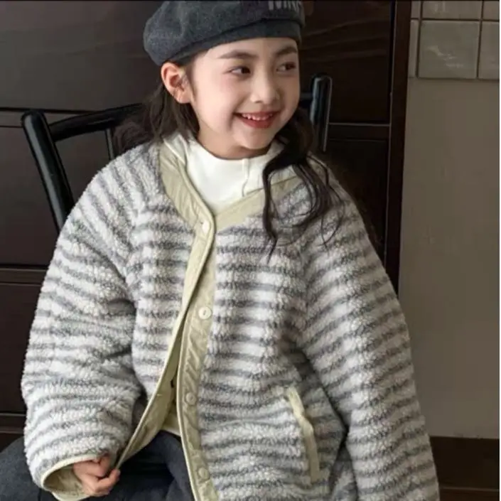 

2025 Autumn New Boys Girls Reversible Jacket Striped Sherpa-Lined Warm Padded Coat Loose Fit All-match Winter Outerwear