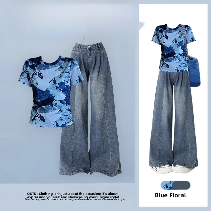 

Summer New Design Versatile Youthful Print Short Sleeve Top High Waist Slim Straight Jeans Two Piece Set Women's Fashion Ense...