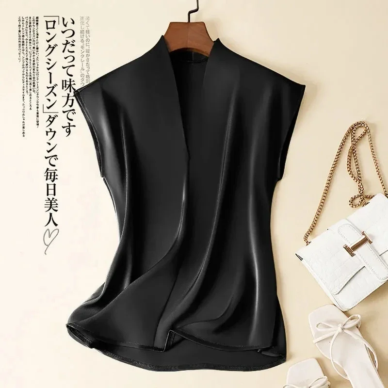 

Black Silk Rayon V-Neck Pullover Sleeveless Casual Chic Women's Blouse Shirt Korean Fashion Female Clothing 2025 Summer