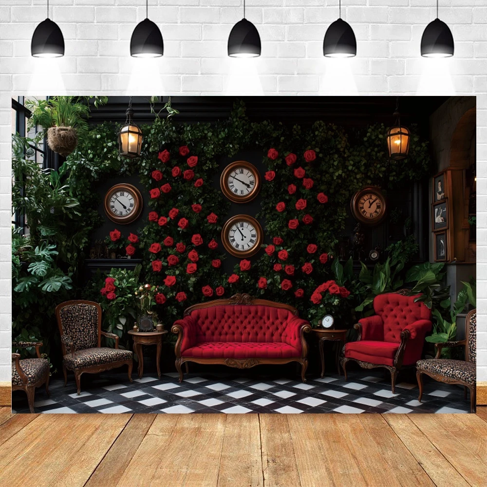 Fondo fotográfico de hojas verdes y rosas rojas del país de las Maravillas, telón de fantasía, cuento de hadas, decoración para fiesta de cumpleaños de niñas, estudio fotográfico