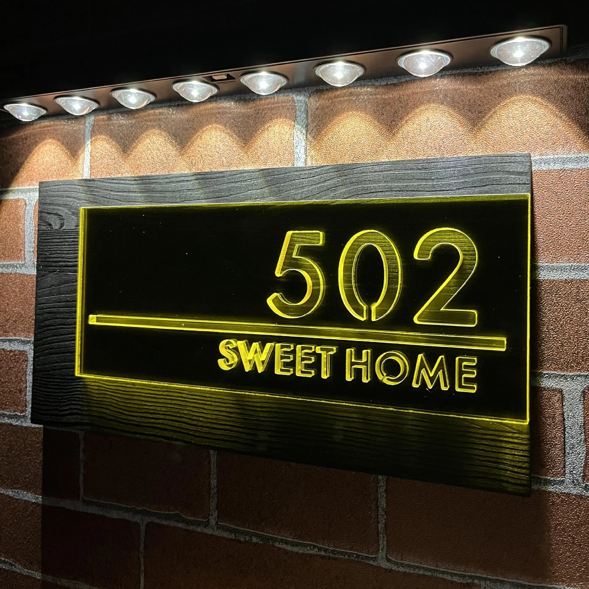 

Custom Wooden Solar Powered Address Sign Carved Hollow Design LED Light Complete Set Outdoor House Number Plaque