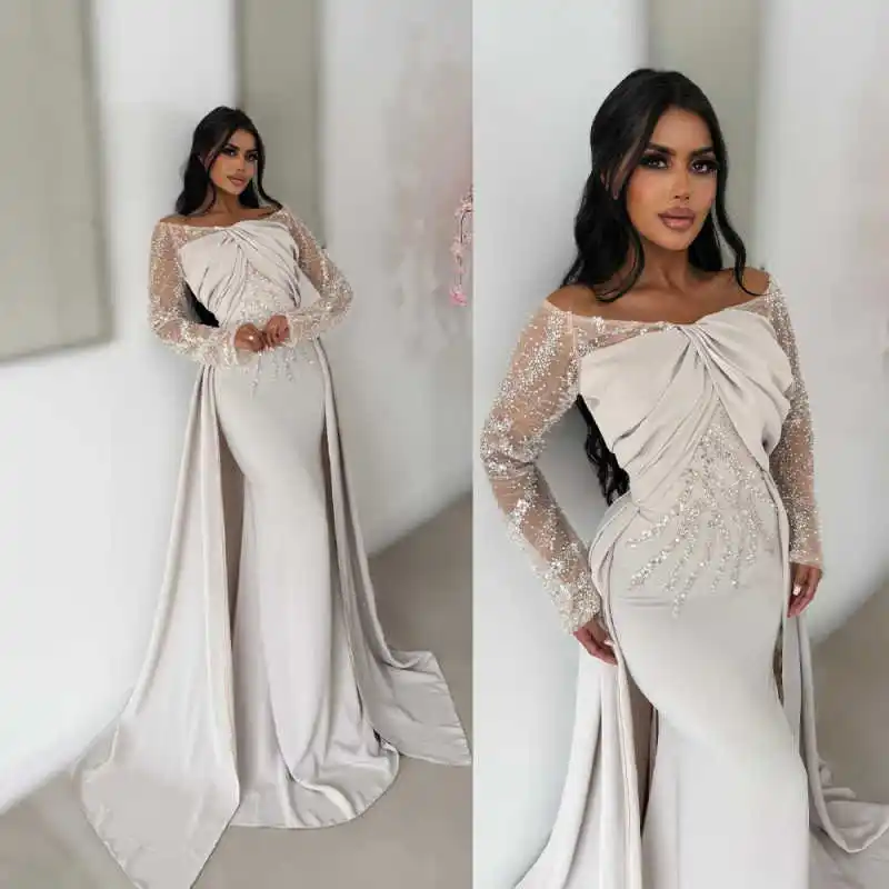 

Elegant Women's Off Shoulder Prom Gowns Sequins Long Sleeve Mermaid Evening Dresses Beaded Celebrity Party Custom Made