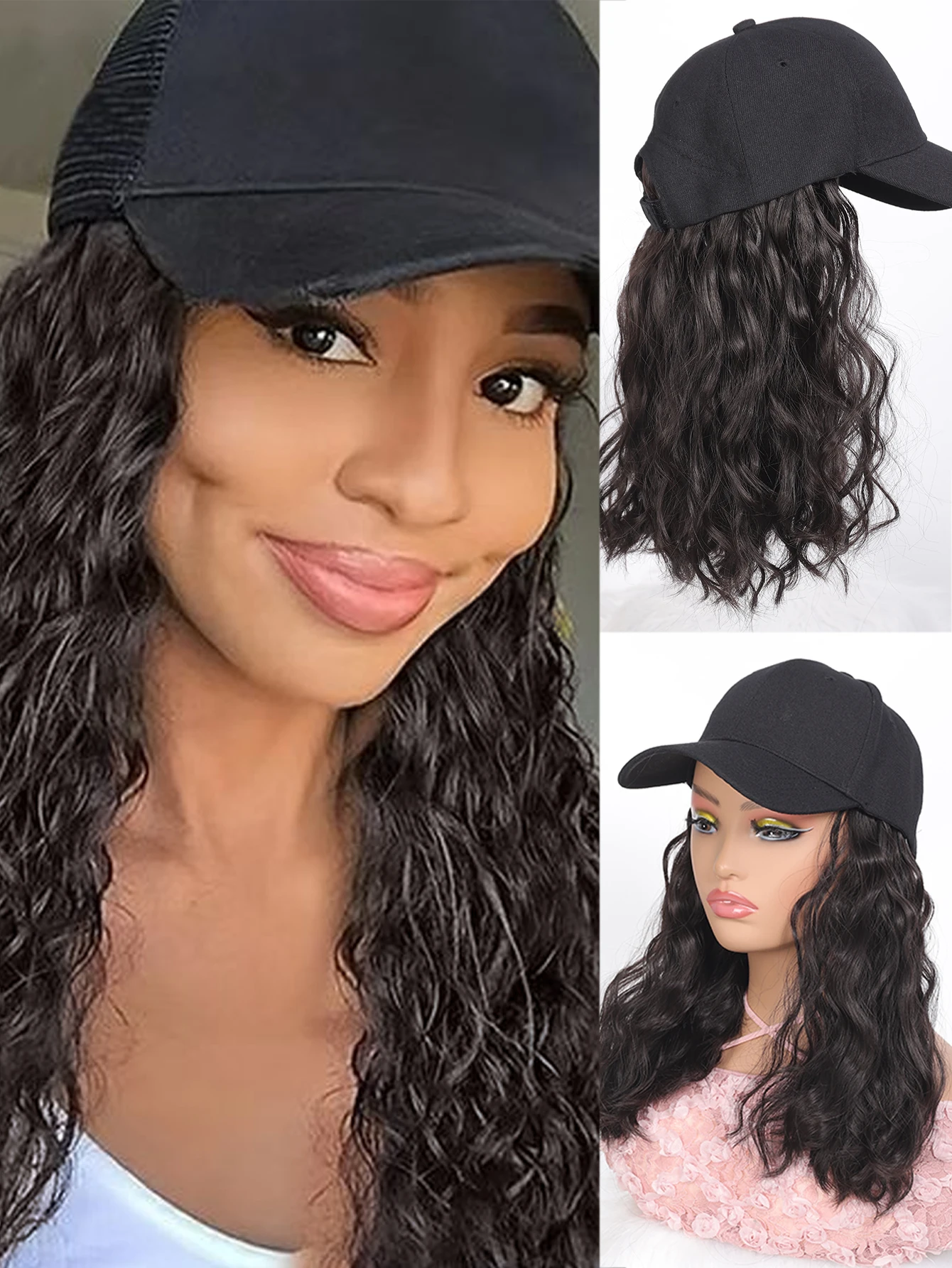 Black Brown Red Blonde Long Synthetic Fluffy Natural Curly Hair Wigs with Hat Baseball Cap Naturally Connect Adjustable Hat Wig