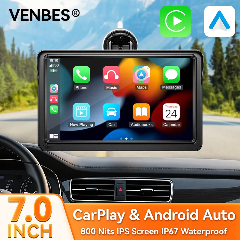 VENBES Radio de Auto Universal con Pantalla Táctil de 7 Pulgadas, Reproductor Multimedia de Video, Compatible con Carplay y Android Auto