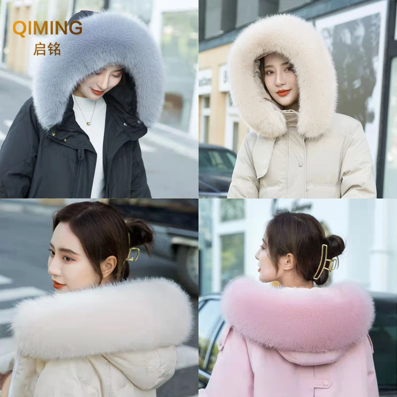 ฤดูหนาว Faux FUR COLLAR Furry Fluffy Fox ขนสัตว์ผ้าพันคอคออุ่นผู้หญิง Shawls และ Wraps ผ้าพันคอที่ถอดออกได้ Hood FUR Trim Coat Parka